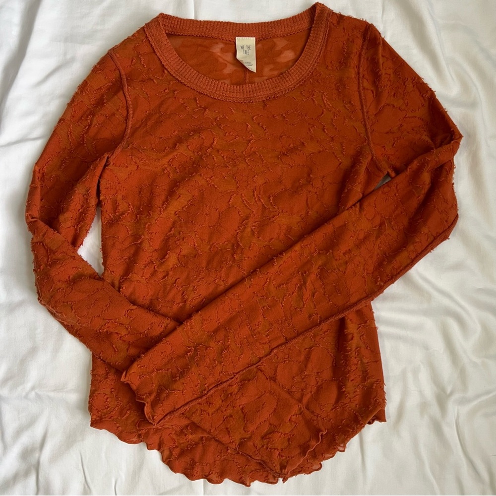 We the Free Women's Long Sleeve Lace Top - Orange Rust Boho Small Sheer Ruffled